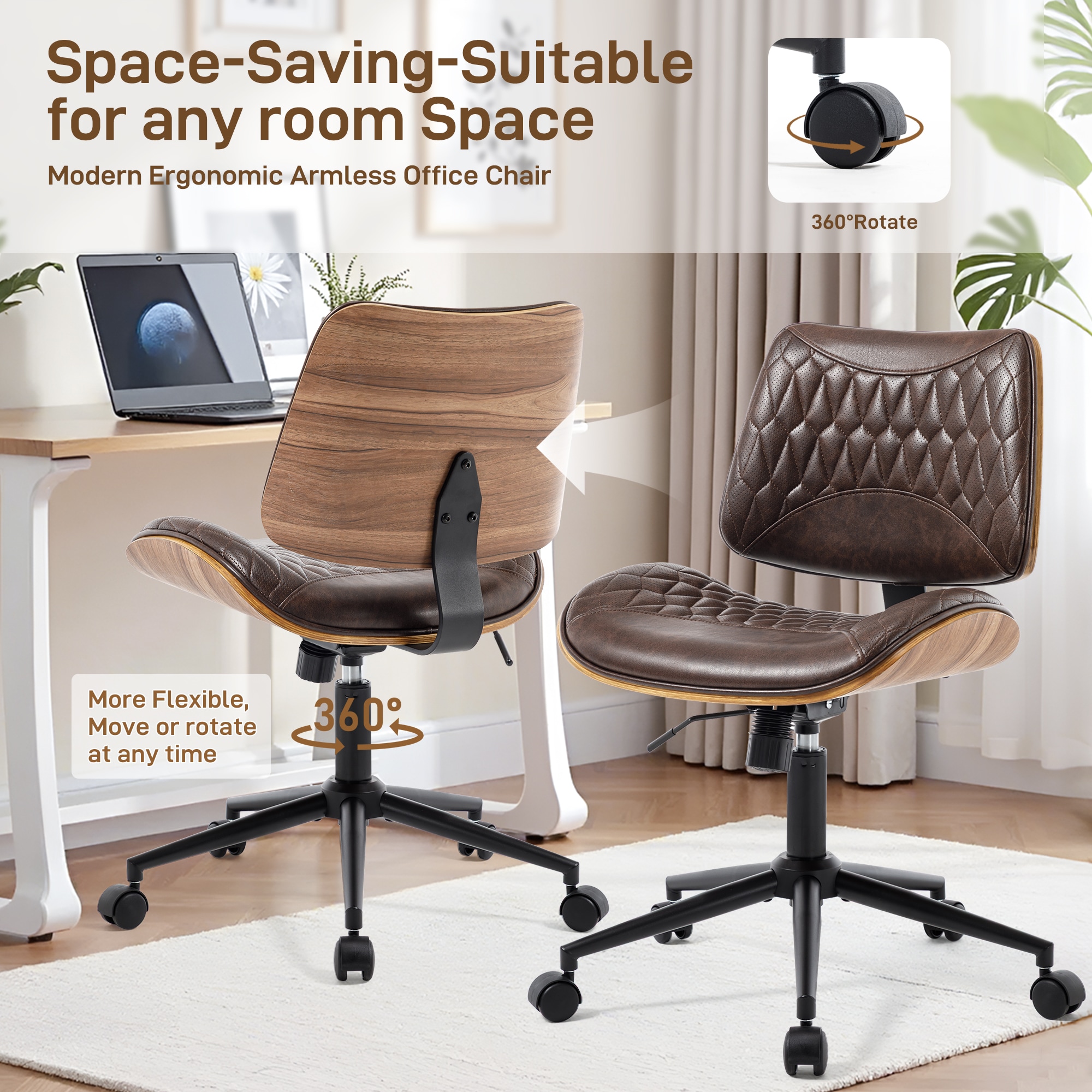 Armless Office Chair With Wheels, Adjustable Height Mid Back Small Desk Chair, Modern Walnut Bentwood Back, PU Leather Swivel Rolling Computer Task Chair For Home Office, Meeting Room, Study, Set Of 1_voghion.com
